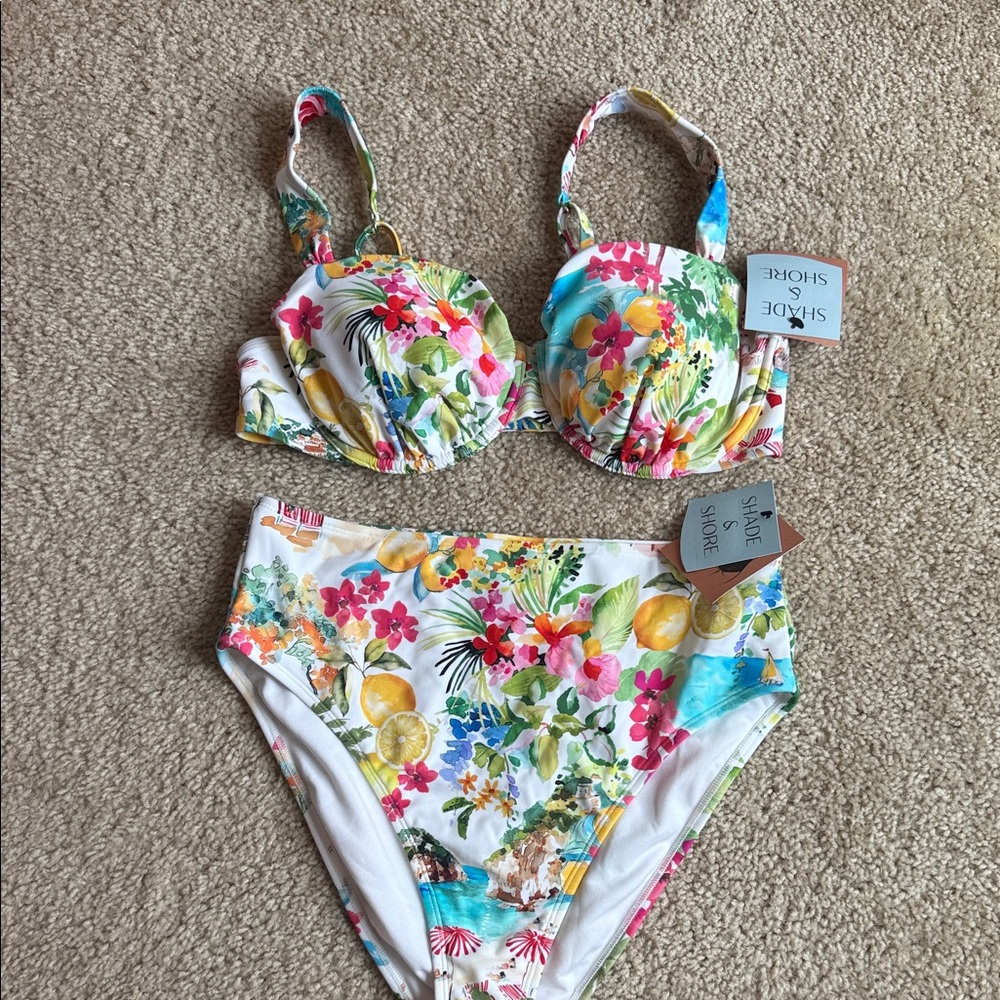 Shade & Shore swim Biko I high waist bottom lemon tropical floral flowers pink